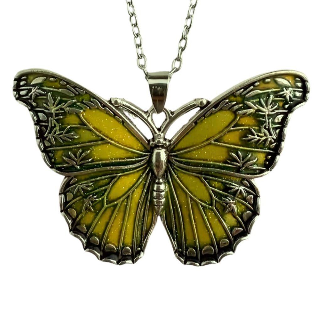 Sunbeam Meadow Butterfly Necklace Yellow & Green Enamel Sparkling Finish
